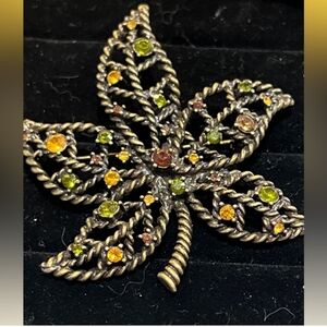 Nina Ricci Avon Gold Tone Green Yellow Topaz Rhinestone Leaf Brooch Pin, Signed